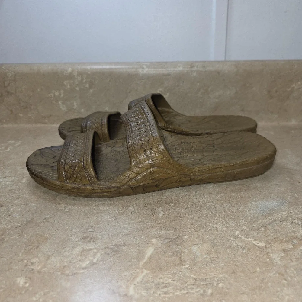 Pali Hawaii Jandal Jesus Sandals Mens 9‎ Brown Double Strap Slide Rubber Beach